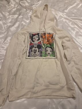 Disney Princess Mickey Simba Tiana Graphic Hoodie Cream Sweatshirt Size S